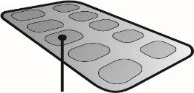 Gray rectangular blister pack with ten oval cavities for tablets and a vertical black line crossing the lower part of the package