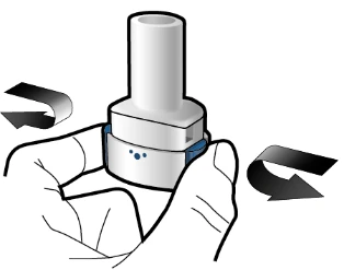 Two hands holding a white cylindrical medical device rotating it clockwise and counterclockwise as indicated by curved black arrows