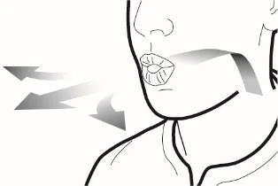 Line drawing of a human face with gray arrows indicating rotational or lateral movement of the jaw and chin