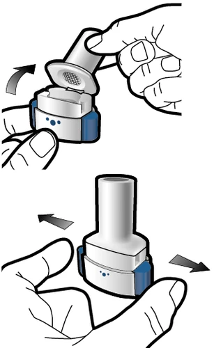 Two hands handling a white and blue medical device to remove or insert a cylindrical cap following directional arrows