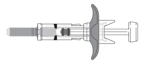 Dibujo técnico en blanco y negro de un autoinyector médico con cuerpo transparente, émbolo interno y grandes aletas laterales para el agarre