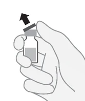 Una mano sostiene un frasco de vidrio mientras una flecha negra indica el movimiento de retirada del tapón superior hacia arriba