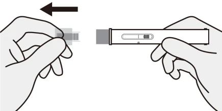Dos manos que extraen un pequeño dispositivo rectangular de un envoltorio de plástico hacia la izquierda indicado por una flecha negra