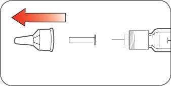 Diagramma che mostra il movimento di un cappuccio verso sinistra per separarlo da un ago e da un flaconcino con una freccia rossa direzionale