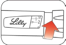 Disegno tecnico di una penna per iniezione Lilly con una freccia rossa che indica il movimento verso l'alto per regolare la dose tra 1 e 2 unità