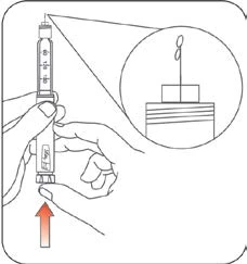 Disegno tecnico che mostra due mani che impugnano una penna iniettore con un ingrandimento del dettaglio della punta e una freccia rossa verso il basso