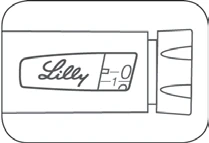 Disegno tecnico in bianco e nero di un dispositivo medico con la scritta Lilly e una scala graduata con i numeri 0 e 1