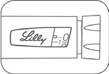 Disegno lineare di un dispositivo medico con il logo Lilly e una scala graduata con i numeri 0 e 1 su un corpo rettangolare con estremità arrotondate