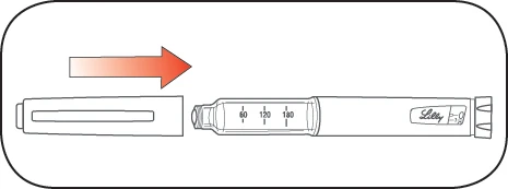 Disegno tecnico di una penna iniettiva con una freccia rossa che indica il movimento di inserimento del dispositivo nel corpo della penna stessa