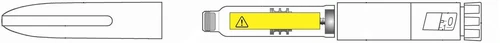Disegno tecnico di un dispositivo medico con un indicatore giallo con simbolo di pericolo e un display digitale che mostra il numero 10