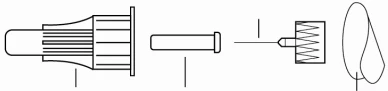 Schema tecnico in bianco e nero che mostra i componenti smontati di un dispositivo medico con siringa, stantuffo, ago e protezione