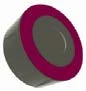 Capsula farmaceutica di colore grigio con un bordo circolare spesso di colore bordeaux intenso su uno sfondo bianco