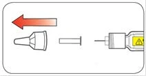 Diagramma che mostra il distacco di un cappuccio protettivo da un ago tramite una freccia rossa rivolta verso sinistra