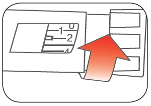 Disegno tecnico di un dispositivo medico con una scala numerica da 0 a 2 e una freccia rossa che indica la rotazione verso destra