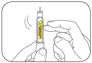 Due mani tengono una siringa preriempita verticale con un indicatore giallo e un ago sporgente sulla sommità