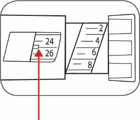 Disegno tecnico di un dispositivo medico con scala graduata numerata da 2 a 8 e una freccia rossa che punta verso il numero 24