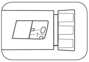 Disegno tecnico in bianco e nero di un dispositivo medico con un display che mostra i numeri 0 e 1 e una parte laterale a segmenti