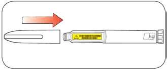 Freccia rossa rivolta verso destra che indica il movimento di inserimento di una protezione bianca in un dispositivo medico cilindrico giallo e grigio