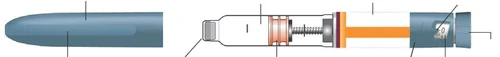 Diagramma tecnico di un dispositivo medico con diverse parti evidenziate da linee di riferimento su sfondo bianco