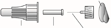 Diagramma tecnico che mostra i componenti separati di un dispositivo medico con un cilindro, un pistone e un ago con punta sottile
