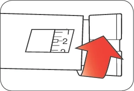 Disegno tecnico che mostra una freccia rossa rivolta verso la parte superiore di un contenitore cilindrico con scala graduata e numeri