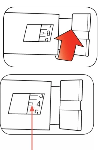 Diagramma medico con due riquadri che mostrano un dispositivo con una scala graduata, una freccia rossa verso l'alto e una verso il basso
