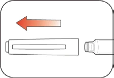 Diagramma con una freccia rossa rivolta a sinistra sopra un dispositivo medico a forma di penna con un cappuccio separato sulla destra