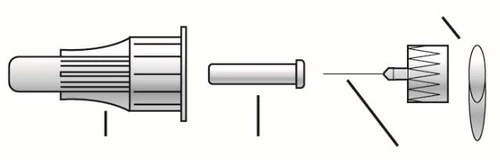 Diagramma esploso che mostra i componenti di un dispositivo medico tra cui un corpo principale, un pistone cilindrico, un ago sottile e un cappuccio