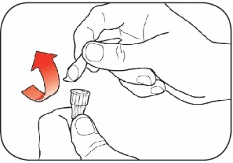Due mani che ruotano un piccolo tappo cilindrico verso l'alto per rimuoverlo da un contenitore medico indicato da una freccia rossa curva