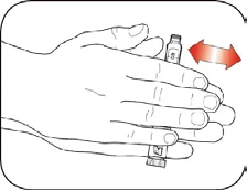 Una mano tiene un flaconcino di vetro mentre una freccia rossa bidirezionale indica un movimento di scuotimento laterale