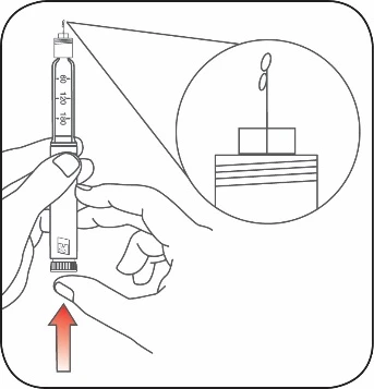 Disegno tecnico di mani che impugnano una siringa graduata con un ingrandimento che mostra il dettaglio della punta dell'ago e della punta della siringa