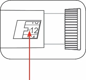 Disegno tecnico di un dispositivo medico con un display che mostra il numero 12 e una freccia rossa che punta verso il valore indicato