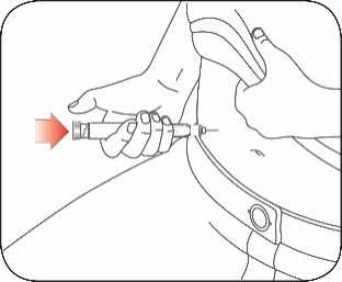 Disegno lineare che mostra una mano che impugna una siringa per iniettarla nell'addome di una persona con una freccia rossa che indica la direzione