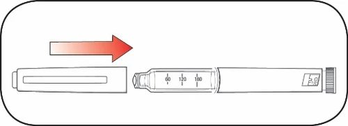 Disegno tecnico di una penna iniettiva con una freccia rossa che indica il movimento di inserimento della penna stessa nel suo contenitore