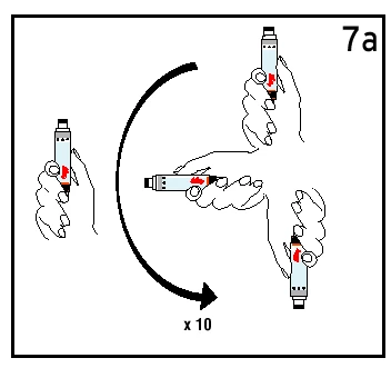 Diagramma che mostra tre mani che ruotano una penna iniettore in senso orario con una freccia curva e la scritta x 10