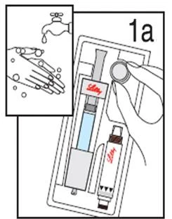 Disegno tecnico che mostra mani che si lavano sotto un rubinetto e una mano che prepara una siringa con liquido e un flacone accanto