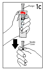 Disegno tecnico che mostra due mani che impugnano una siringa con stantuffo e la successiva applicazione di un copriago protettivo
