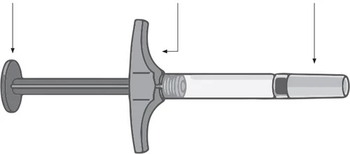 Diagramma tecnico di un dispositivo medico a siringa con tre frecce nere che indicano rispettivamente il pomello, la parte centrale e la punta