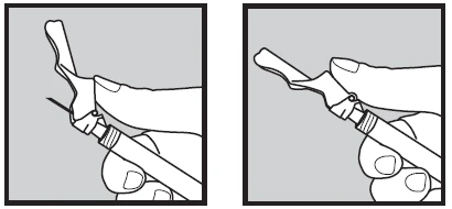 Due disegni mostrano una mano che impugna una siringa per staccare o preparare la parte superiore del dispositivo medico