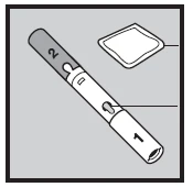 Disegno tecnico di un dispositivo medico cilindrico con numeri 1 e 2 e una piccola bustina quadrata accanto su sfondo grigio