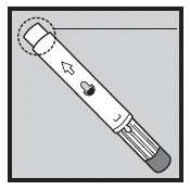 Disegno tecnico di una penna iniettiva con una freccia che punta verso l'alto e un cerchio tratteggiato sulla parte superiore del dispositivo