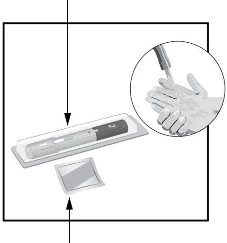Disegno tecnico di una penna iniettiva in una confezione con un inserto circolare che mostra mani che si lavano accuratamente con acqua e sapone