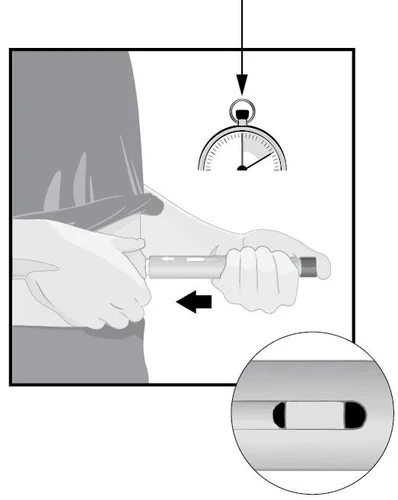 Illustrazione medica che mostra una mano che preme un dispositivo di iniezione contro il braccio con una bilancia che indica la pressione applicata