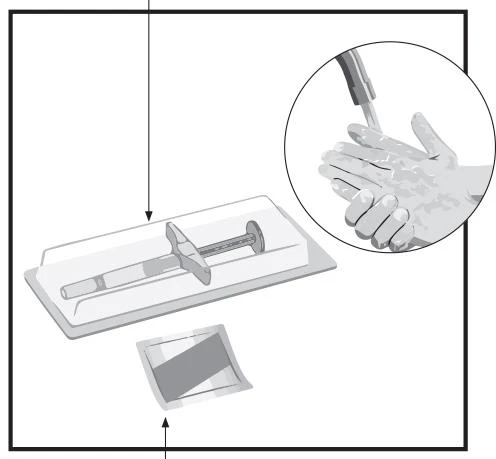 Disegno tecnico di una siringa in un contenitore con un inserto separato e un dettaglio circolare che mostra una mano guantata che impugna la siringa