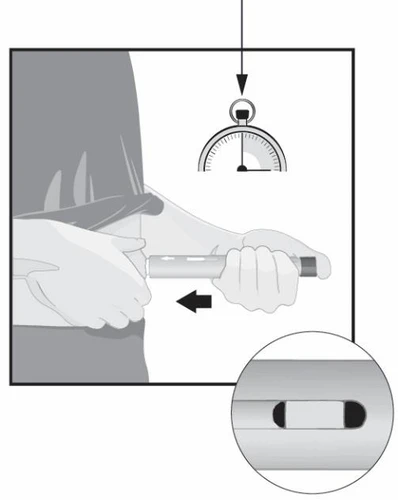 Disegno tecnico che mostra l'uso di un dispositivo medico con una mano che lo impugna e un indicatore di pressione circolare in alto