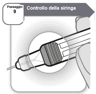 Illustrazione del passaggio 9 per il controllo della siringa con dettaglio ravvicinato della punta e del corpo del dispositivo medico