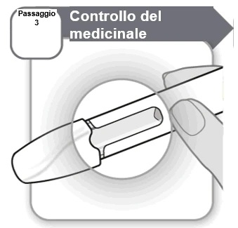 Illustrazione del passaggio 3 per il controllo del medicinale con ingrandimento di una mano che tiene un dispositivo medico bianco