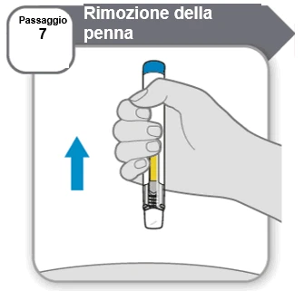 Illustrazione medica del passaggio 7 che mostra una mano che impugna verticalmente una penna iniettiva con una freccia blu rivolta verso l'alto