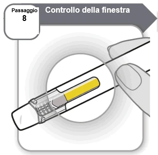 Illustrazione del passaggio 8 che mostra il controllo della finestra trasparente di un dispositivo medico con all'interno un componente giallo