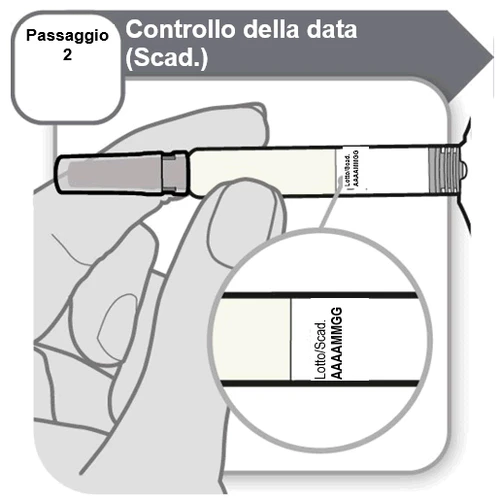 Illustrazione che mostra una mano che tiene una penna iniettore per controllare la data di scadenza e il numero di lotto stampati sul corpo del dispositivo
